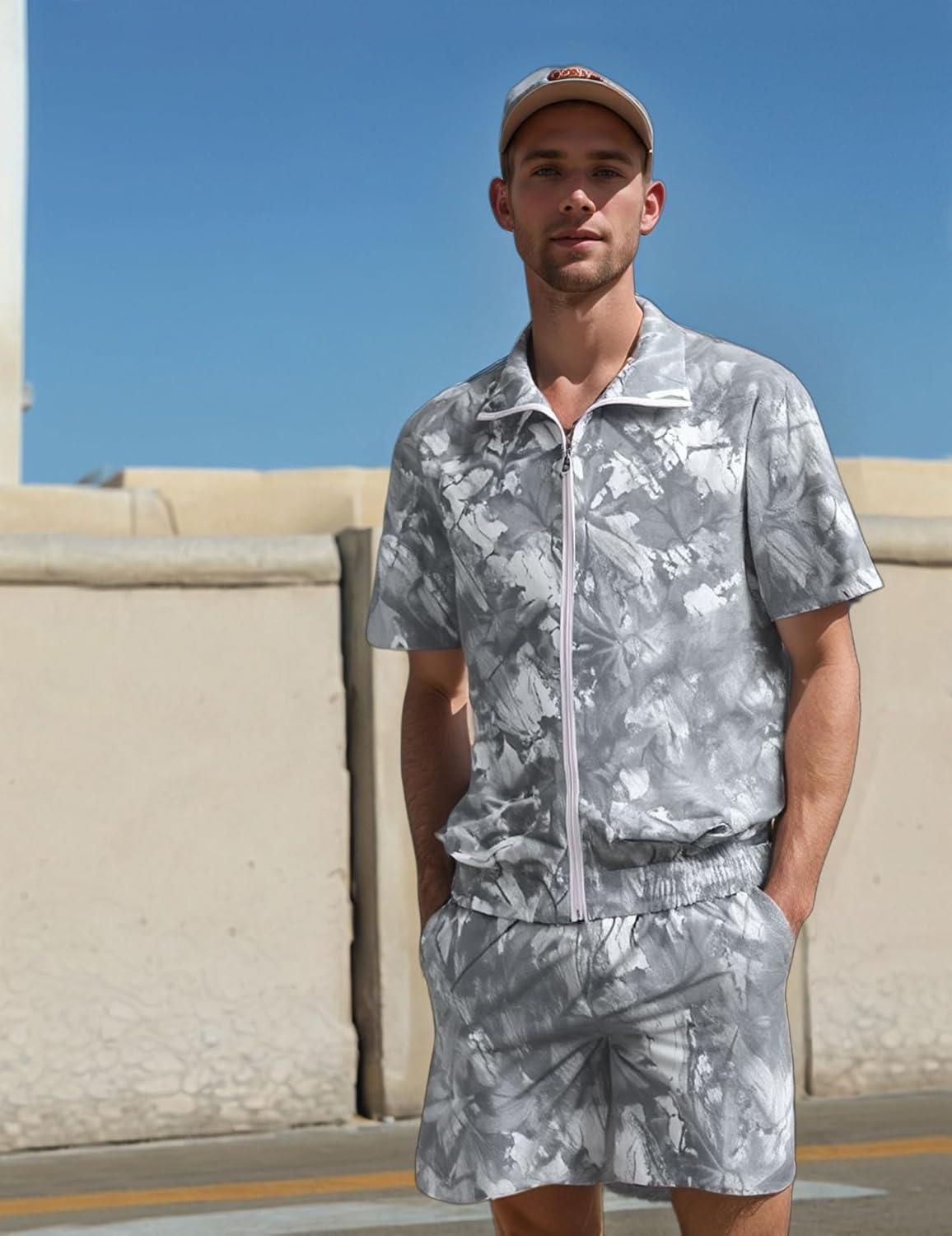 imageUOUA 80s Outfit for Men 90s Color Block Costumes 2 Piece Retro Short Sleeve Jacket ampamp Shorts Set for PartyGrey Leaves