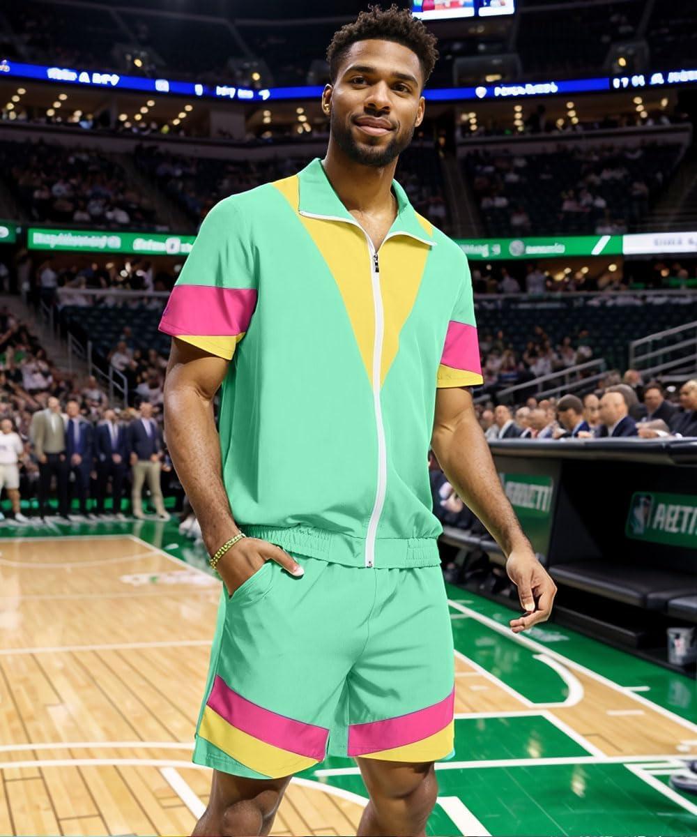 imageUOUA 80s Outfit for Men 90s Color Block Costumes 2 Piece Retro Short Sleeve Jacket ampamp Shorts Set for PartyMintgreen