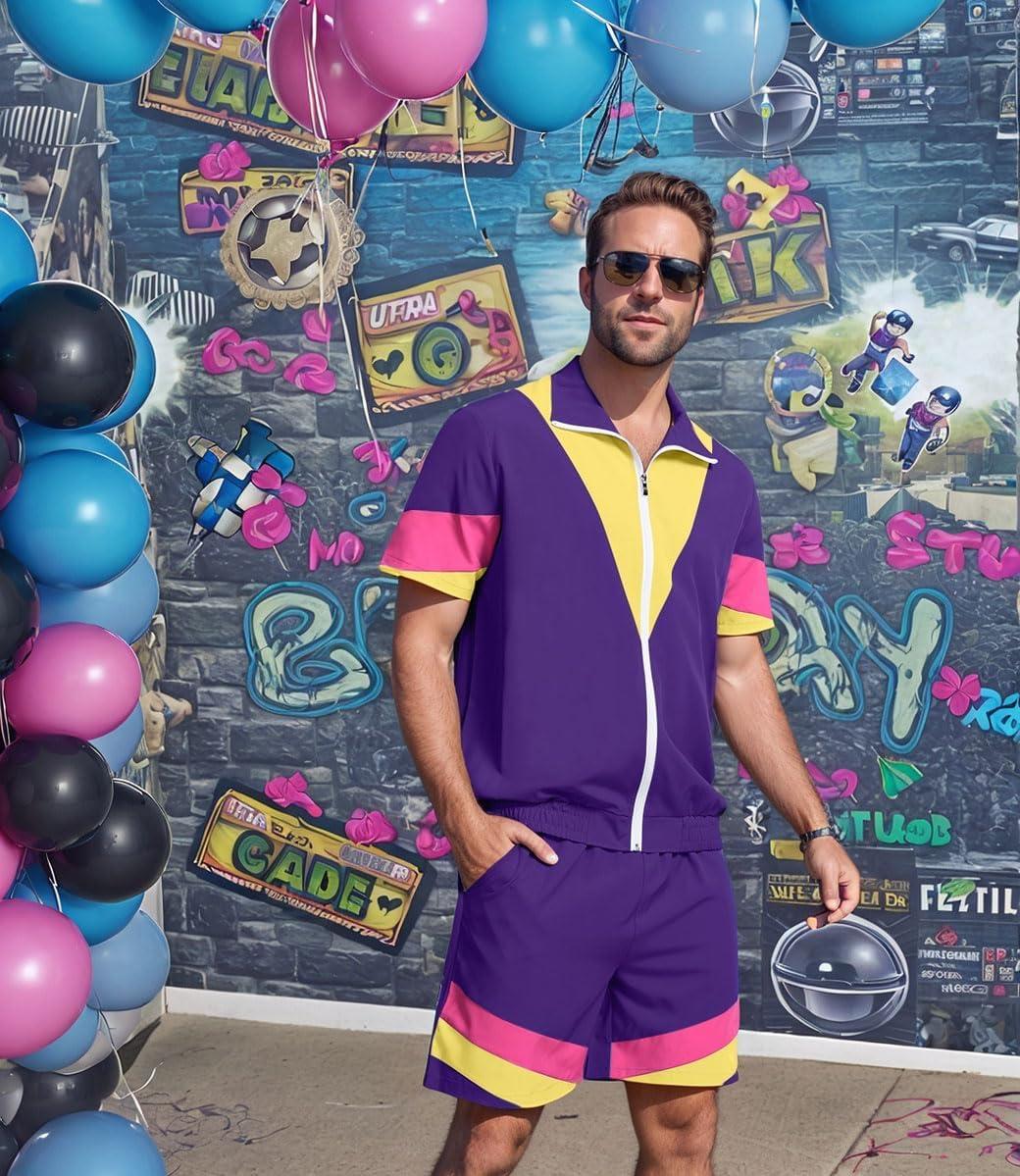 imageUOUA 80s Outfit for Men 90s Color Block Costumes 2 Piece Retro Short Sleeve Jacket ampamp Shorts Set for PartyViolet
