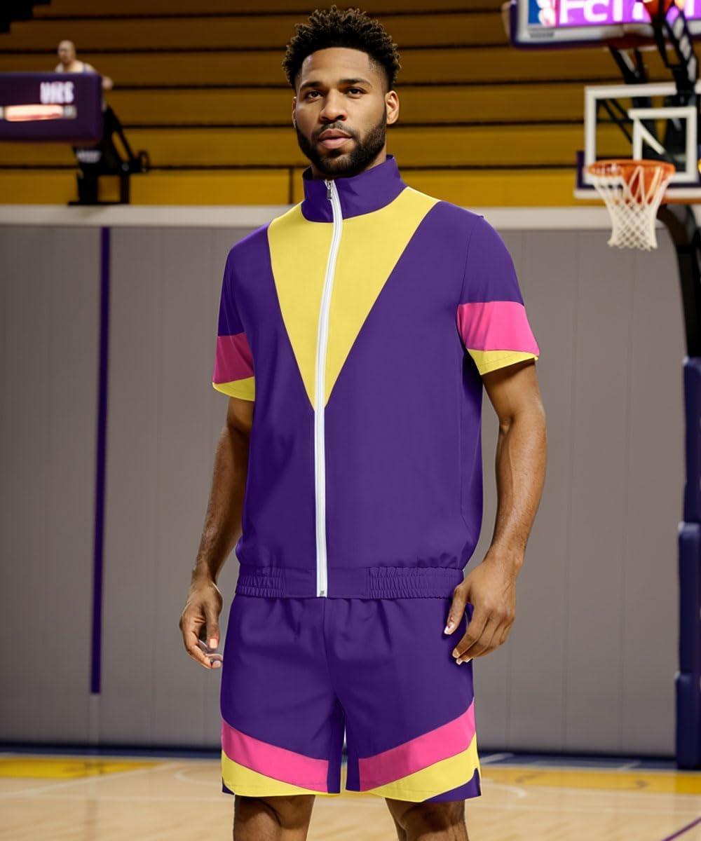 imageUOUA 80s Outfit for Men 90s Color Block Costumes 2 Piece Retro Short Sleeve Jacket ampamp Shorts Set for PartyViolet