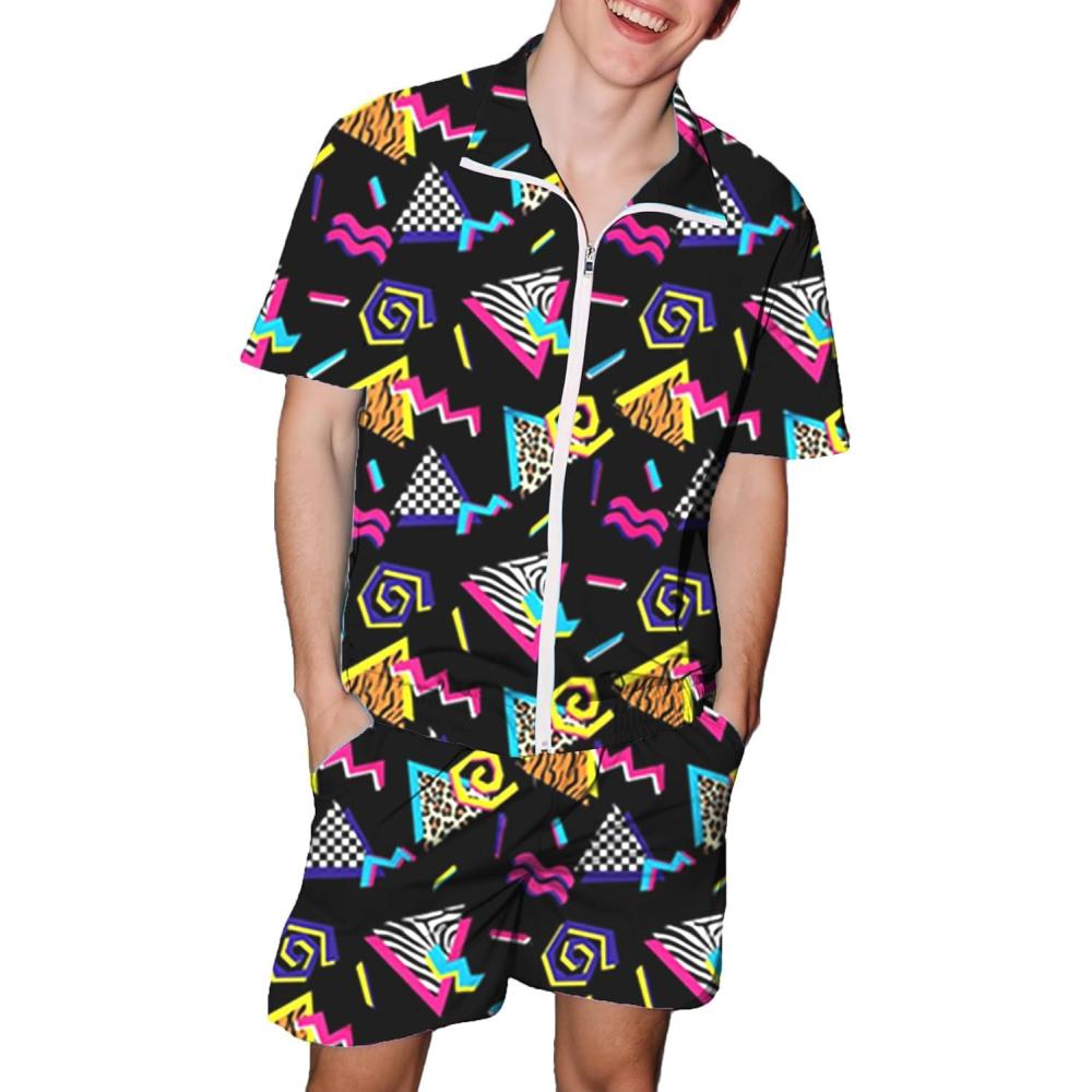 imageUOUA 80s Outfit for Men 90s Color Block Costumes 2 Piece Retro Short Sleeve Jacket ampamp Shorts Set for PartyBlackprint