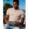 imageUOUA Mens Zipper Polo Shirts Short Sleeve Sweatshirts Soild Color Tops Striped Texture Casual Golf TKhaki