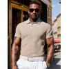 imageUOUA Mens Zipper Polo Shirts Short Sleeve Sweatshirts Soild Color Tops Striped Texture Casual Golf TKhaki
