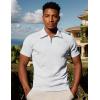 imageUOUA Mens Zipper Polo Shirts Short Sleeve Sweatshirts Soild Color Tops Striped Texture Casual Golf TWhite