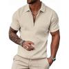 imageUOUA Mens Zipper Polo Shirts Short Sleeve Sweatshirts Soild Color Tops Striped Texture Casual Golf TBeige