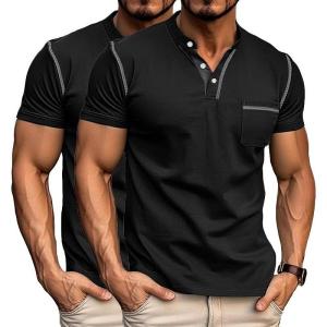 imageUOUA 2pcs Mens Henley Shirts Short Sleeve Casual TShirts Cotton Basic Tops01 BlackBlack