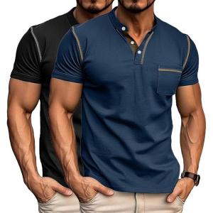 imageUOUA 2pcs Mens Henley Shirts Short Sleeve Casual TShirts Cotton Basic Tops01 BlackNavyblue