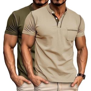 imageUOUA 2pcs Mens Henley Shirts Short Sleeve Casual TShirts Cotton Basic Tops01 KhakiArmygreen