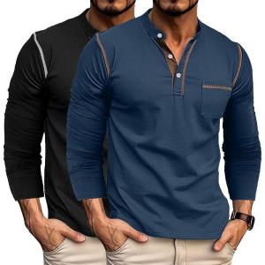 imageUOUA 2pcs Mens Henley Shirts Short Sleeve Casual TShirts Cotton Basic Tops02 BlackNavyblue