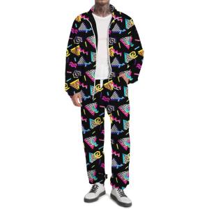 imageUOUA 80s Outfit Men 90s Tracksuit Costumes Halloween 70s Windbreaker Jacket Track Suit 2 Piece Hip Hop SetBlackprint