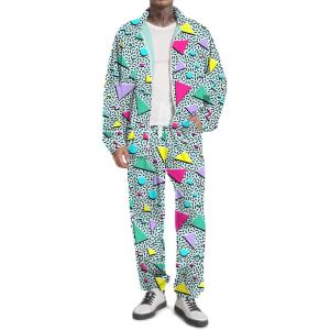 imageUOUA 80s Outfit Men 90s Tracksuit Costumes Halloween 70s Windbreaker Jacket Track Suit 2 Piece Hip Hop SetGreenish Print