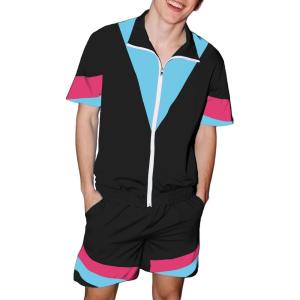 imageUOUA 80s Outfit for Men 90s Color Block Costumes 2 Piece Retro Short Sleeve Jacket ampamp Shorts Set for PartyBlack
