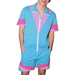 imageUOUA 80s Outfit for Men 90s Color Block Costumes 2 Piece Retro Short Sleeve Jacket ampamp Shorts Set for PartyBlue