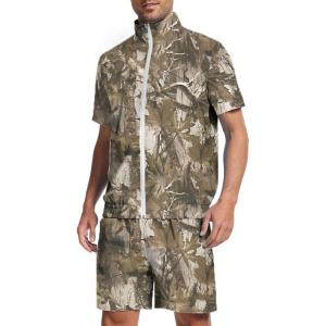 imageUOUA 80s Outfit for Men 90s Color Block Costumes 2 Piece Retro Short Sleeve Jacket ampamp Shorts Set for PartyBrown Leaves