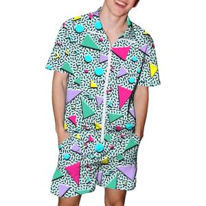 imageUOUA 80s Outfit for Men 90s Color Block Costumes 2 Piece Retro Short Sleeve Jacket ampamp Shorts Set for PartyGreenishprint