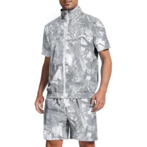 imageUOUA 80s Outfit for Men 90s Color Block Costumes 2 Piece Retro Short Sleeve Jacket ampamp Shorts Set for PartyGrey Leaves