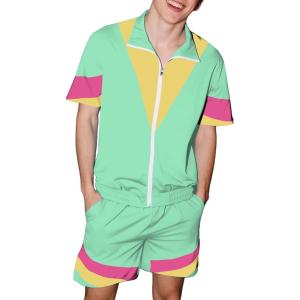 imageUOUA 80s Outfit for Men 90s Color Block Costumes 2 Piece Retro Short Sleeve Jacket ampamp Shorts Set for PartyMintgreen