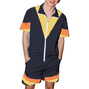 imageUOUA 80s Outfit for Men 90s Color Block Costumes 2 Piece Retro Short Sleeve Jacket ampamp Shorts Set for PartyNavy