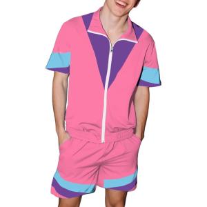 imageUOUA 80s Outfit for Men 90s Color Block Costumes 2 Piece Retro Short Sleeve Jacket ampamp Shorts Set for PartyPink