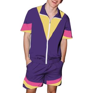imageUOUA 80s Outfit for Men 90s Color Block Costumes 2 Piece Retro Short Sleeve Jacket ampamp Shorts Set for PartyViolet