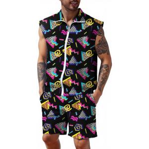 imageUOUA Men 80s Outfit 90s Costume 2 Piece Shorts Set Themed Party ClothesBlack Print