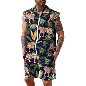 imageUOUA Men 80s Outfit 90s Costume 2 Piece Shorts Set Themed Party ClothesGreenplants Tiger