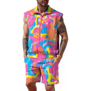 imageUOUA Men 80s Outfit 90s Costume 2 Piece Shorts Set Themed Party ClothesPink Print