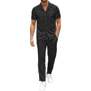imageUOUA Mens 2 Piece Outfits Summer Casual Short Sleeve Button Down Shirt ampamp Long Pants Sets Beach Vacation Suits TracksuitsClassicblack