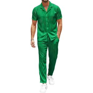 imageUOUA Mens 2 Piece Outfits Summer Casual Short Sleeve Button Down Shirt ampamp Long Pants Sets Beach Vacation Suits TracksuitsClassicemerald