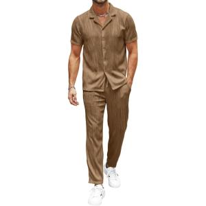imageUOUA Mens 2 Piece Outfits Summer Casual Short Sleeve Button Down Shirt ampamp Long Pants Sets Beach Vacation Suits TracksuitsClassickhaki