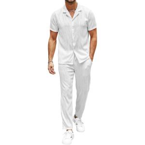 imageUOUA Mens 2 Piece Outfits Summer Casual Short Sleeve Button Down Shirt ampamp Long Pants Sets Beach Vacation Suits TracksuitsClassicwhite