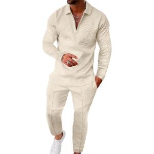 imageUOUA Mens 2 Piece Set Casual Outfits Polo Long Sleeve Shirt ampamp Pants Track Suit Loungewear Athletic SweatsuitBeige