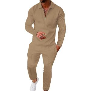 imageUOUA Mens 2 Piece Set Casual Outfits Polo Long Sleeve Shirt ampamp Pants Track Suit Loungewear Athletic SweatsuitKhaki