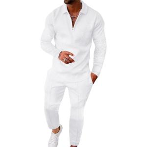 imageUOUA Mens 2 Piece Set Casual Outfits Polo Long Sleeve Shirt ampamp Pants Track Suit Loungewear Athletic SweatsuitWhite