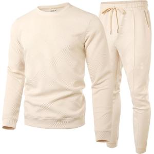 imageUOUA Mens 2 Piece Sweat Suits Set Long Sleeve Sweatshirt Jogging Sweatpants Tracksuits OutfitsBeige