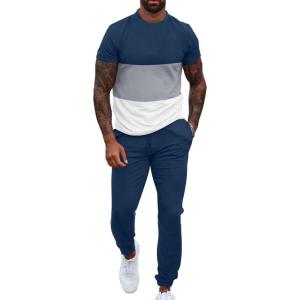 imageUOUA Mens 2 Piece Sweatsuits Outfits Short Sleeve Pullover Loungewear ampamp Joggers Sweatpants Summer Casual Track Suits SetBlueblockgrey