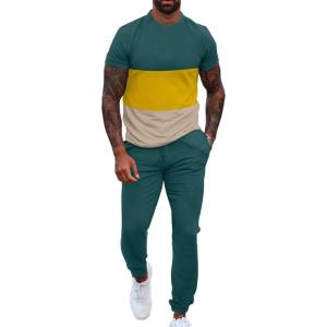 imageUOUA Mens 2 Piece Sweatsuits Outfits Short Sleeve Pullover Loungewear ampamp Joggers Sweatpants Summer Casual Track Suits SetGreenblockyellow