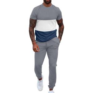 imageUOUA Mens 2 Piece Sweatsuits Outfits Short Sleeve Pullover Loungewear ampamp Joggers Sweatpants Summer Casual Track Suits SetGreyblockwhite