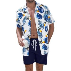 imageUOUA Mens Beach 2 Piece Outfits Hawaiian Flower Button Down Shirts and Shorts Sets BlueMonstera XL