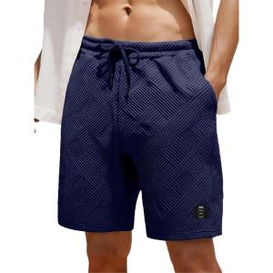 imageUOUA Mens Casual 7quot Shorts Drawstring Elastic Waist Texture Summer Beach Sweat Shorts with PocketsNavyblue