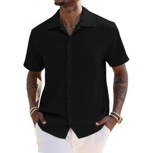 imageUOUA Mens Casual Button Down Shirts Short Sleeve Summer Textured Tops for Beach VacationBlack