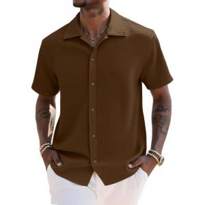 imageUOUA Mens Casual Button Down Shirts Short Sleeve Summer Textured Tops for Beach VacationBrown
