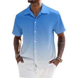 imageUOUA Mens Casual Button Down Shirts Short Sleeve Summer Textured Tops for Beach VacationGradient Blue
