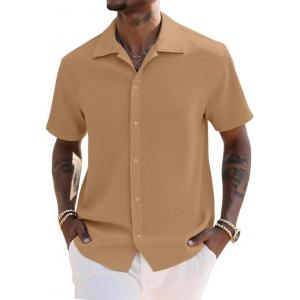 imageUOUA Mens Casual Button Down Shirts Short Sleeve Summer Textured Tops for Beach VacationKhaki