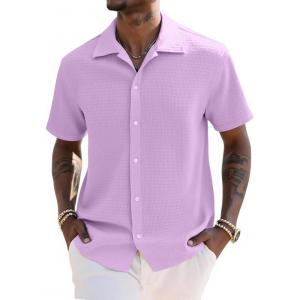 imageUOUA Mens Casual Button Down Shirts Short Sleeve Summer Textured Tops for Beach VacationLight Purple