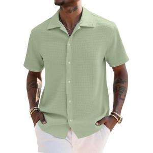imageUOUA Mens Casual Button Down Shirts Short Sleeve Summer Textured Tops for Beach VacationPea Green