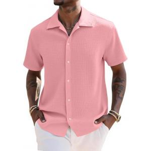 imageUOUA Mens Casual Button Down Shirts Short Sleeve Summer Textured Tops for Beach VacationPink