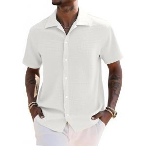 imageUOUA Mens Casual Button Down Shirts Short Sleeve Summer Textured Tops for Beach VacationWhite