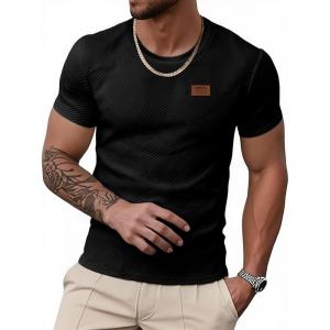 imageUOUA Mens Crewneck Sweatshirts Soild Color Geometric Texture T Shirts Short Sleeve Casual Pullover ShirtBlack