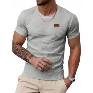 imageUOUA Mens Crewneck Sweatshirts Soild Color Geometric Texture T Shirts Short Sleeve Casual Pullover ShirtGrey